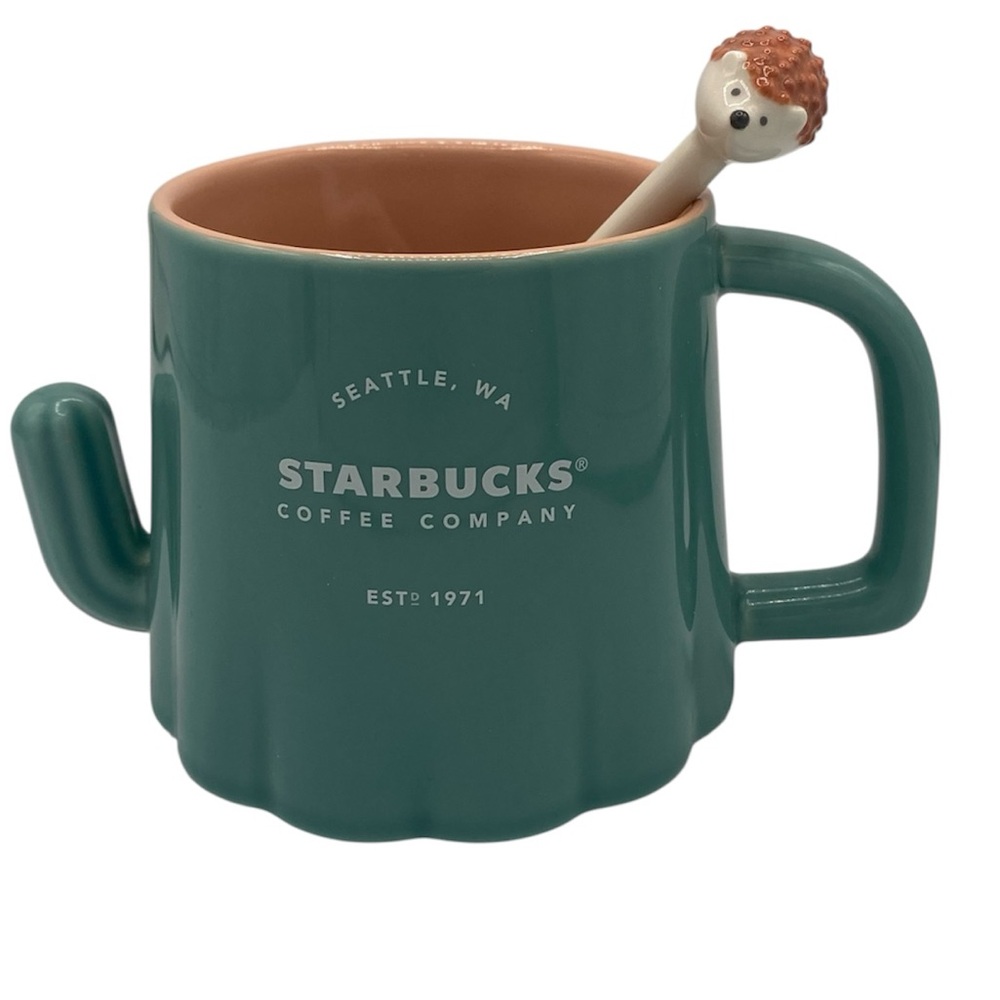 RARE STARBUCKS China Happy Hedgehog Cactus Ceramic Mug with Hedgehog Spoon